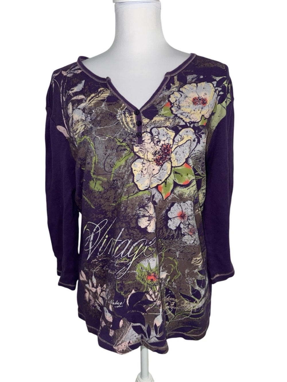 Nicole Miller Floral Graphic Henley Top XL Purple Y2K Artsy Grunge